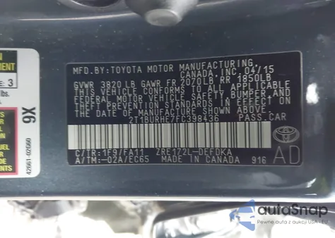 2015 Toyota Corolla L z USA, uszkodzony, nr VIN 2T1BURHE7FC398436